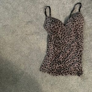 Gray leopard spaghetti strap tank top with bra cups